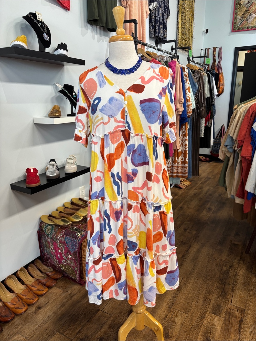 JODIFL Multicolor Abstract Tiered Midi Dress - White, Blue, Yellow, Pink, Orange